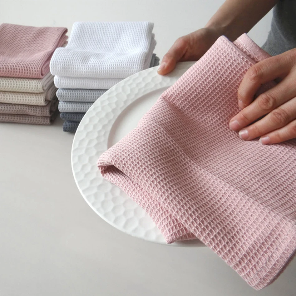 Waffle Cotton Cotton Tea Towel Cloth Table Napkins Weave Absorbent Dish Pink Grey White For Kitchen Cleaning