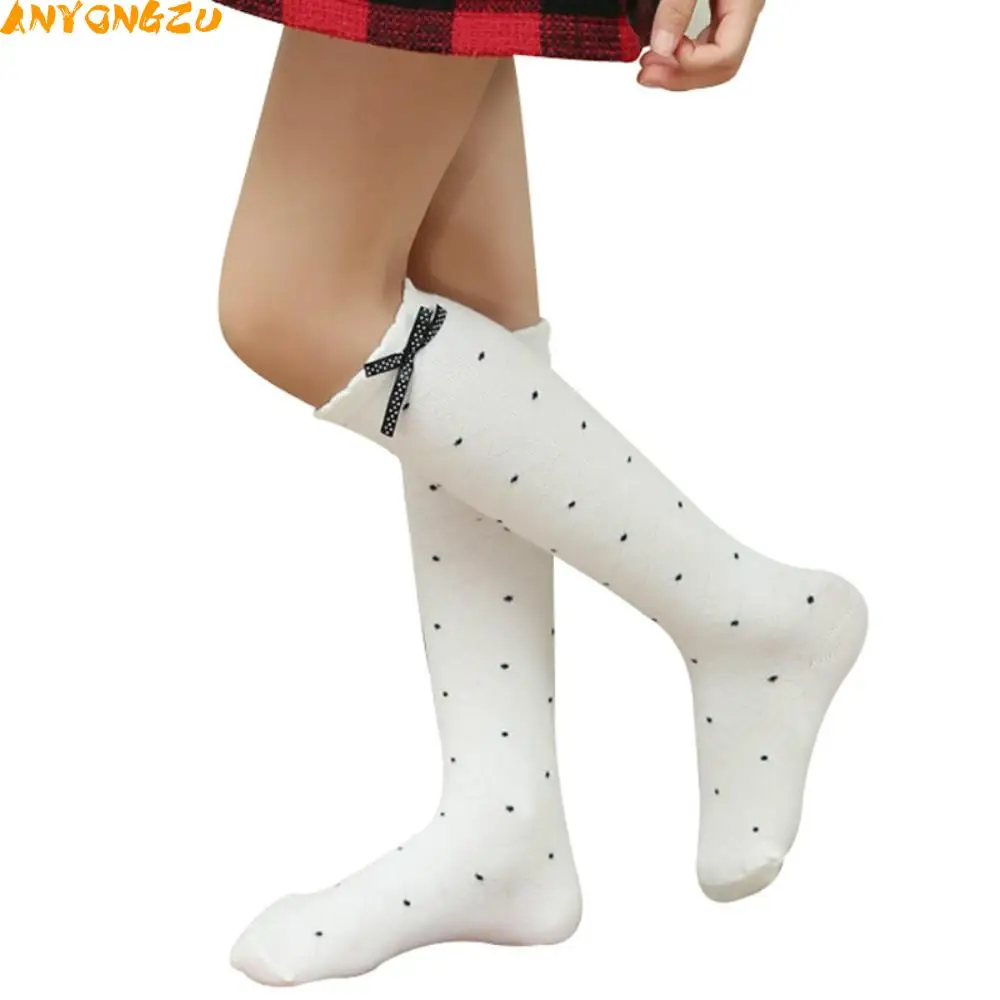 

Girls High Socks Dots Bow knot Knee For Kids Casual Long Princess Black White Heel Style 3-8 Years Cotton Suitable for 14-19CM