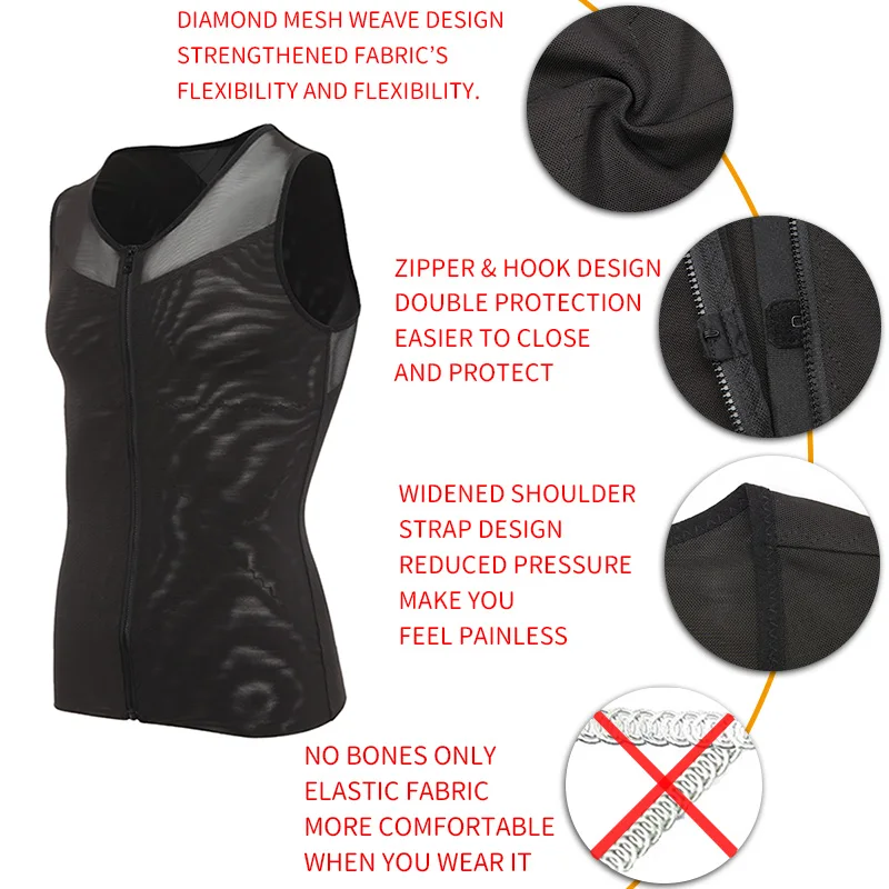 Mens Body Shaper Addome Dimagrante Shapewear Pancia Shaping Corsetto Top Ginecomastia Camicie a compressione con cerniera Vita Trainer