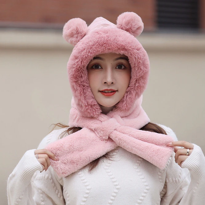 Hat Scarf One Female Winter Plush Thickened Cold Proof Warm Windproof Plush Scarf Ear Protection Girl  Women Hat pink