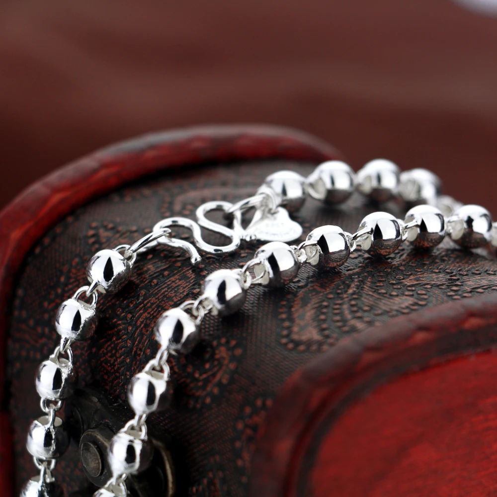 Ladies Silver Necklace 925 Sterling Silver 5-6-8MM Round Bead Chain Glossy Design High Jewelry Birthday Gift