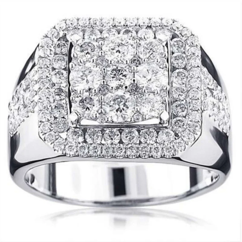 Ofertas Business Style Silver Color Square Full Crystal Men's Rings Fashion Party Wedding Engagement Ring Jewelry