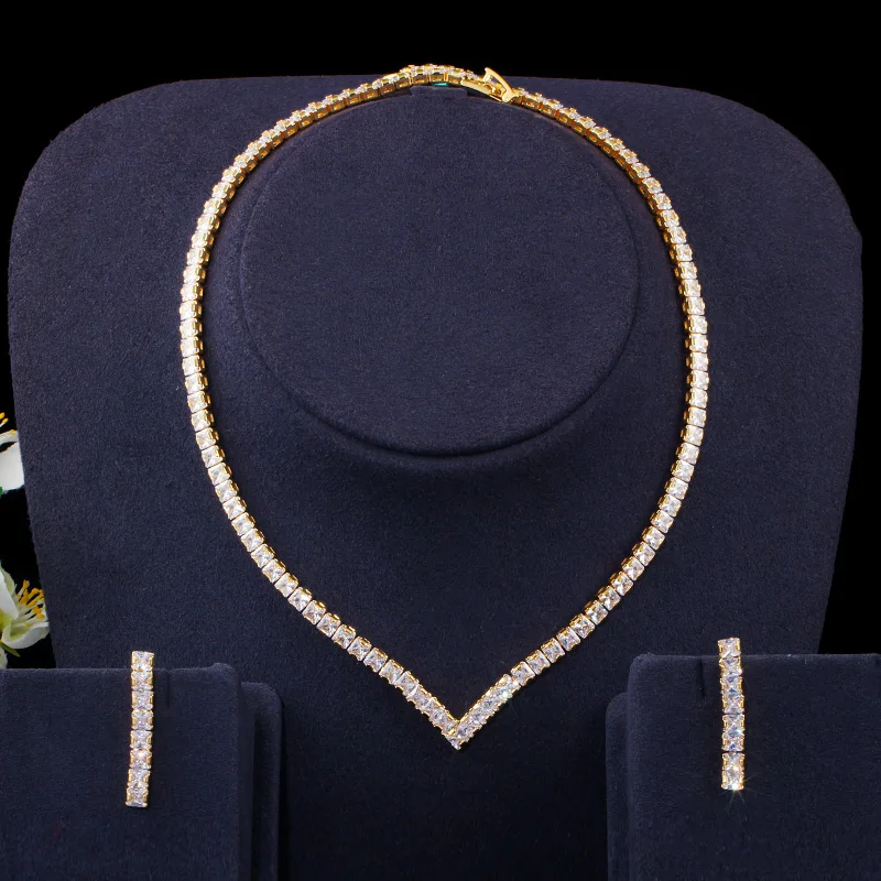 CWWZircons Very Shiny Cubic Zirconia Pave Yellow Gold Color Women Party Choker Necklace and Earring Brides Jewelry Set T421