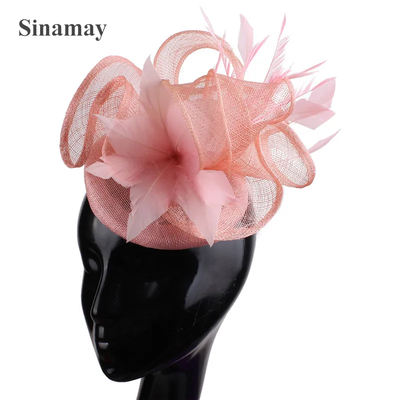 

Women Wedding Hair Accessories White Sinamay Fascinator Hat Feather Flower Fedora Cap Ladies Party Cocktail Millinery Headbands