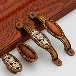 Chinese Ceramic Matte Brown Decorative Furniture Jade Door Handle Drawer Wardrobe Flush Handles Ancient Silver Inlay Handle