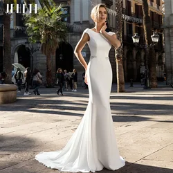 JEHETH Cap Sleeve Beach Bridal Dress Elegant Backless Beaded Wedding Bride Mermaid Gown Women O-Neck Soft Satin Vestido De Noiva