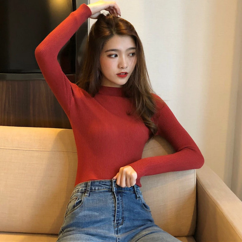 

2020 new slim long-sleeved sweater women's slim knit pullover spring and autumn basic half turtleneck sweater bottoming shirt