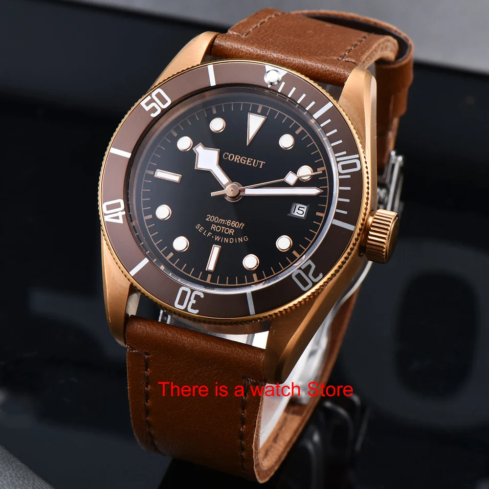 Corgeut 41mm Automatic Watch Men Military Black Dial Wristwatch Leather Strap Luminous Waterproof Sport Swim Mechanical Watch