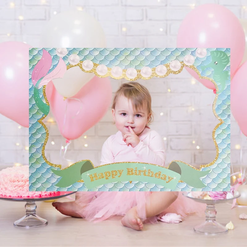 1Pcs Mermaid Happy Birthday Photo Booth Props Frame Under The Sea Girl Birthday Party PhotoBooth Props Baby Shower Decor Supplie