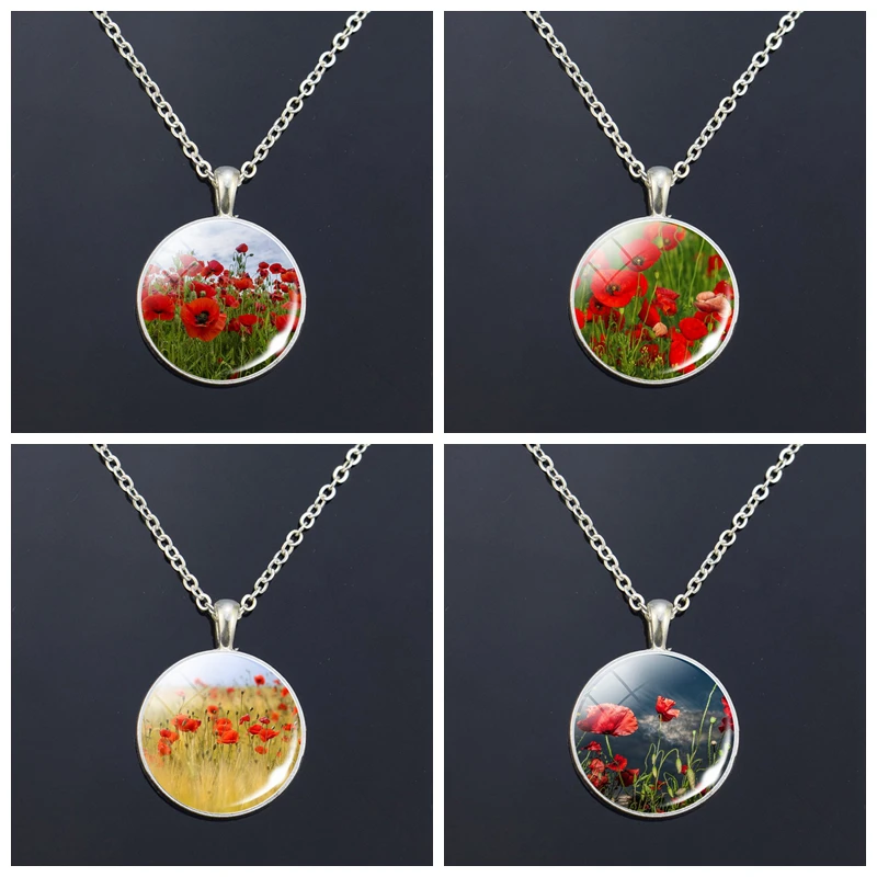 Poppy Flowers Art Pattern Necklace Fashion Silver Color Pendant Glass Cabochon Jewelry Simple Style Pendant Charm Women Gifts