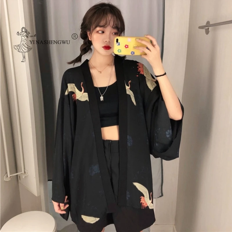 

Clothes Women Summer Shirt Japanese Costume Retro Harajuku Haori Coat Crane Print Chiffon Cardigan Kimono Yukata Blouse Clothing