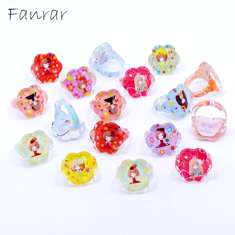 Wholesale 20pcs cute Cartoon Flower rose small princess Ring for Girls Children Kids heart Ring Bulk items Acrylic Jewelry