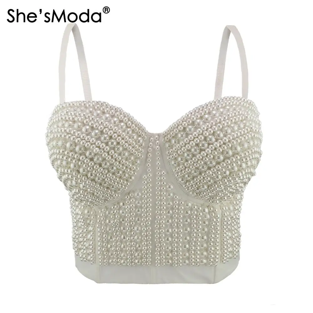 

She'sModa NEW Pearls Bustier Push Up Night Club Bralette Women's Bra Cropped Top Vest Corset Plus Size