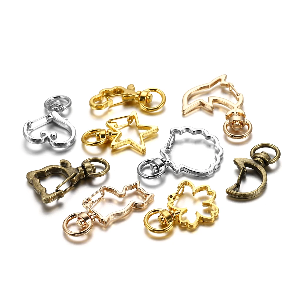 10pcs/lot Star Moon Heart Cat Dog Shell Dolphins Flowers Charms Lobster Clasps Hook For DIY Key Chain Jewelry Making Accessories