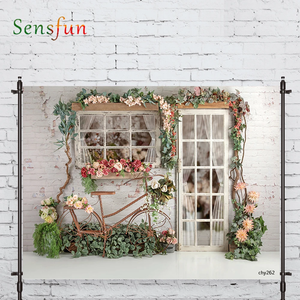 LEVOO Photography Backdrop Beautiful Window Flowers Bicycle Wood Prop Fabric Photography Backdrop Photocall Photobooth