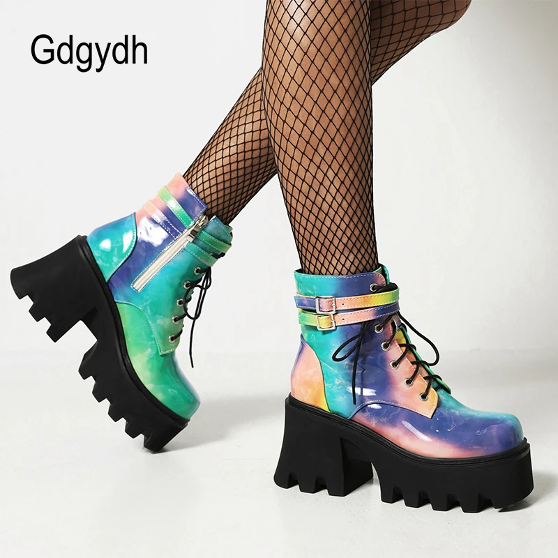 Gdgydh Fashion Colorful Ladies Motorcycle Women Ankle Boots Platform Chunky Heels Cool Street Footwear Gothibabe Halloween 90s