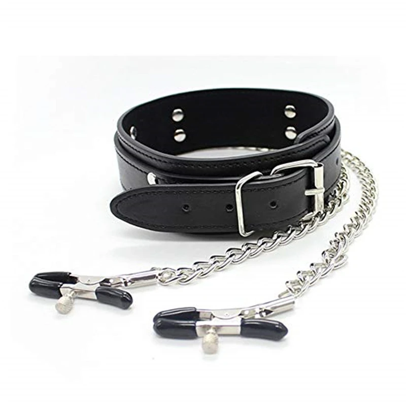 Faux Leather Choker Collar With Nipple Breast Clamp Clip Chain Couple SM Sex Toys For Woman Sex Tools For Couples Adult Games