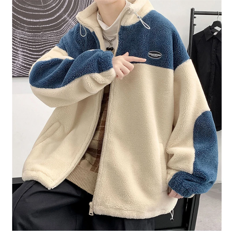 Winter Coats Men Fashion Stand Up Collar Zipper Patchwork Loose Outerwear Plus Velvet Thickening Warm Lamb Wool Coat Winterwear