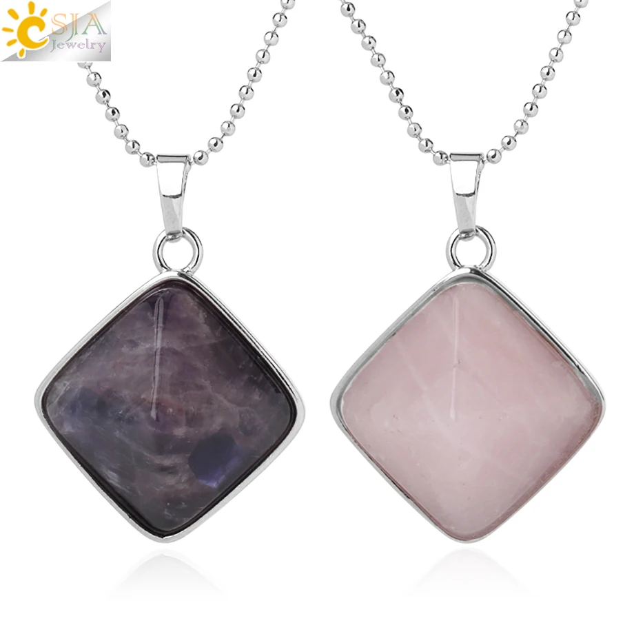 CSJA Natural Stones Pyramid Pendants Square Reiki Purple Crystal Pink Quartz Necklaces for Women Men Trendy Healing Jewelry G298