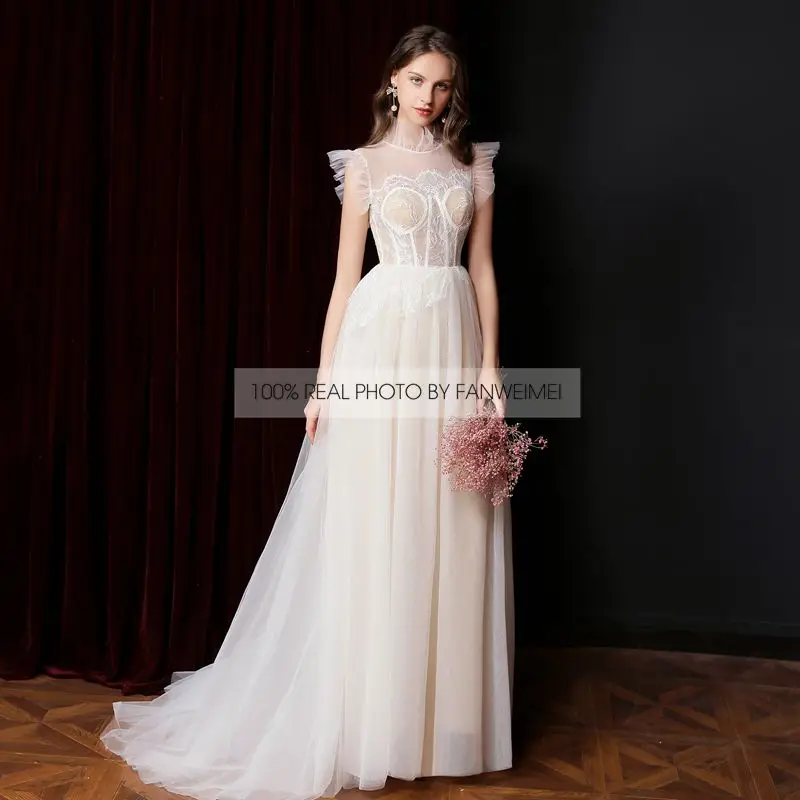 FANWEIMEI#4049 Vintage Sleeveless Stand Collar Champagne Illusion Lace Wedding Dress Bride Gown photography