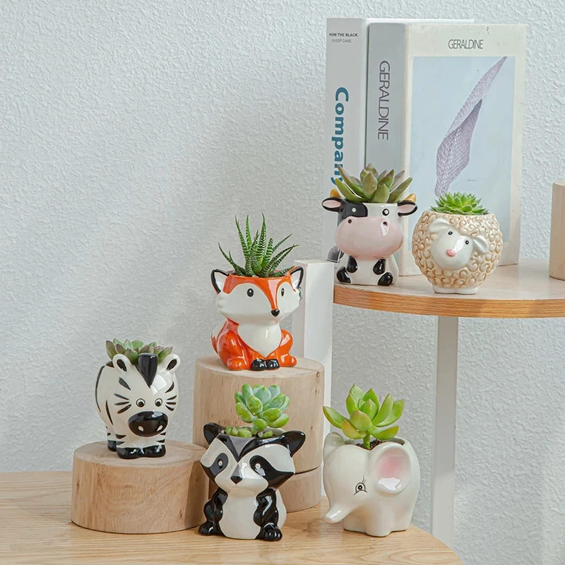 Nordic Ceramic Animal Flower Pot, Cartoon Zebra Sheep Cow Head Mini Pot, Suculentas Plantas Bonsai Potes, Decoração para casa, Novo Estilo