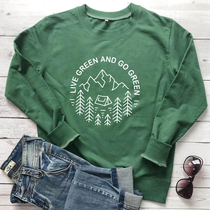 Live Green and Go Green Sweatshirt Casual Protect Nature Vintage Jumper Fashion 100% Cotton Clothing Mountain Tree Crewneck Tops