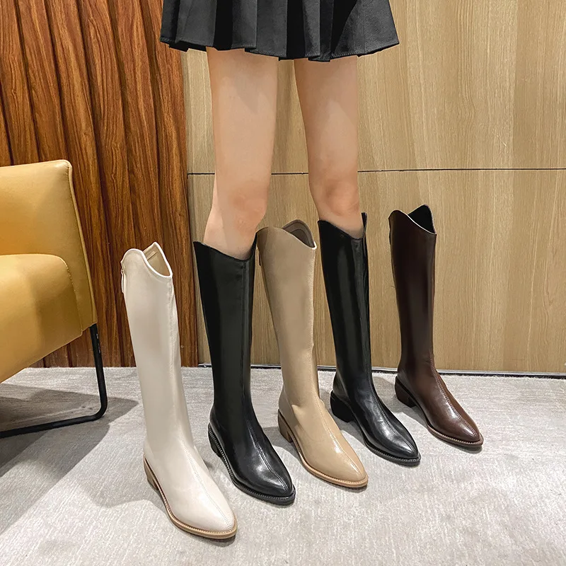 2021 Pointed Toe Sexy Western High Boots Back Zip Bent Edge Riding Shoes Kitten Heel Knee Footwear