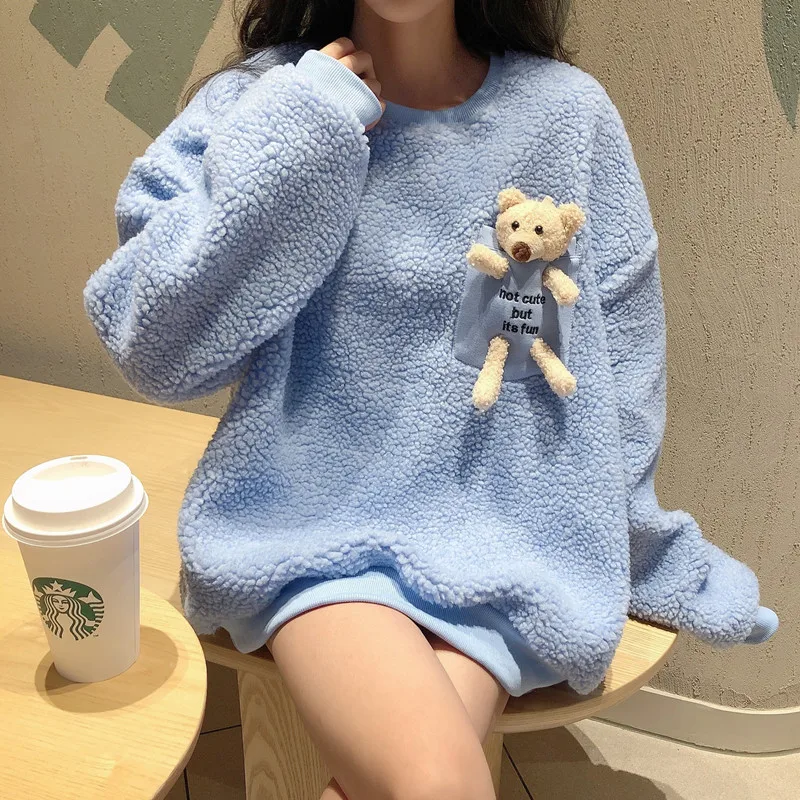 

Winter Warm Lamb Wool Women's Tops Sweatshirt Fashion Bear Decoration Harajuku Loose Long-sleeved Pullover Hoodie