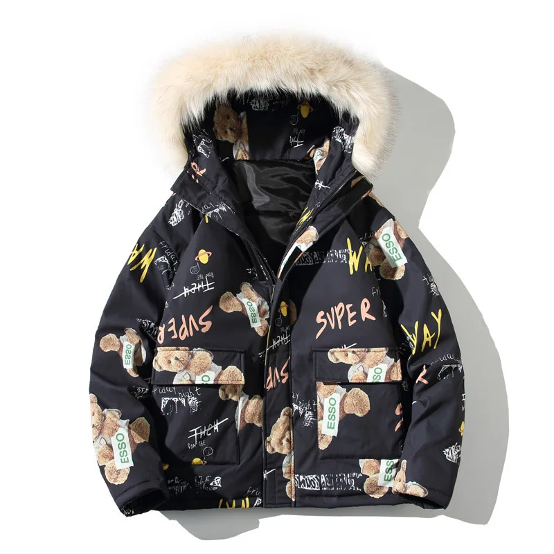 2020 Winter Men\'s Parka Hooded Fur Collar Bear Prined Thicken Warm Wind-proof Fashion Novelty Outwear Male Cotton Coat