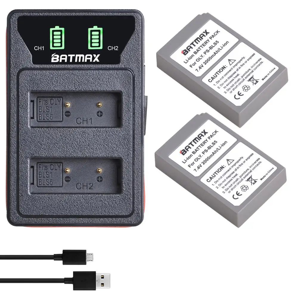 Batmax BLS5 PS-BLS5 BLS50 Battery+LED Dual Charger with Type C  Port for Olympus E-PL2,E-PL5,E-PL6,E-PL7,E-PM2, OM-D E-M10