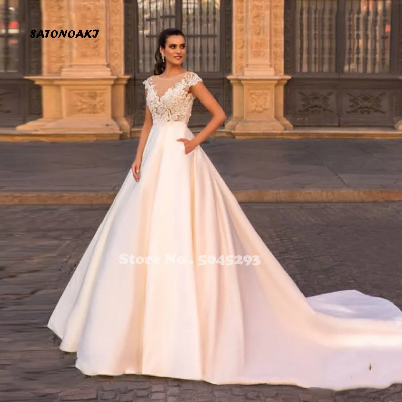 Vestido De Novia elegante De satén, traje De Novia con bolsillo, marfil, línea A, encaje, Espalda descubierta, estilo bohemio, talla grande, 2024