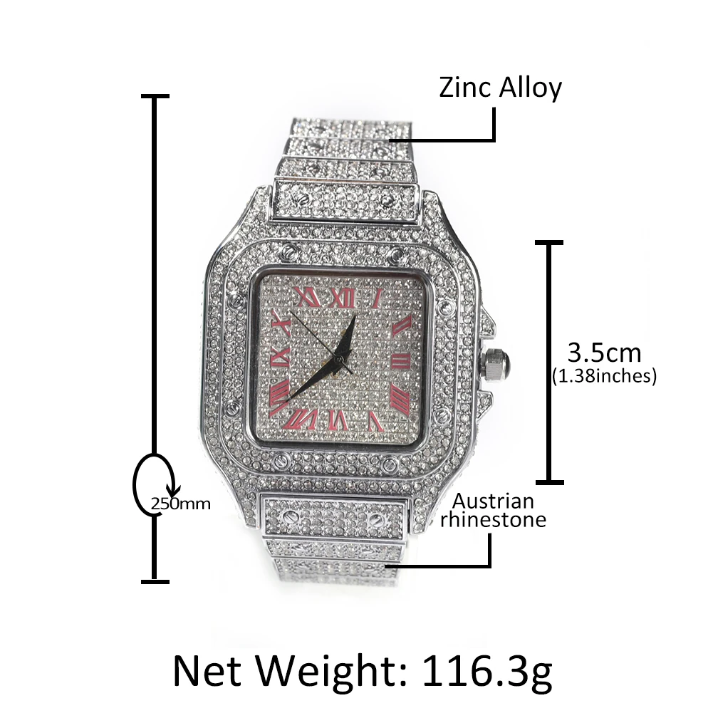 UWIN Iced Out Men Watch Square Diamond Pink/Blue Numbers Luxury Rhinestones Quartz Business Wristwatch Fashion Jewelry for Gift