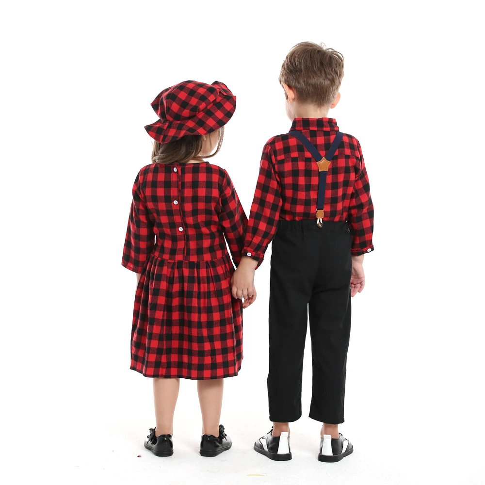 top and top Autumn Winter Brother and Sister Plaid Matching Outfits,Kids Boys Gentleman Clothes+Girls Casual Princess Outfits