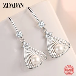 ZDADAN 925 Sterling Silver Fan Pearl Earrings For Women Fashion Jewelry Wedding Gift