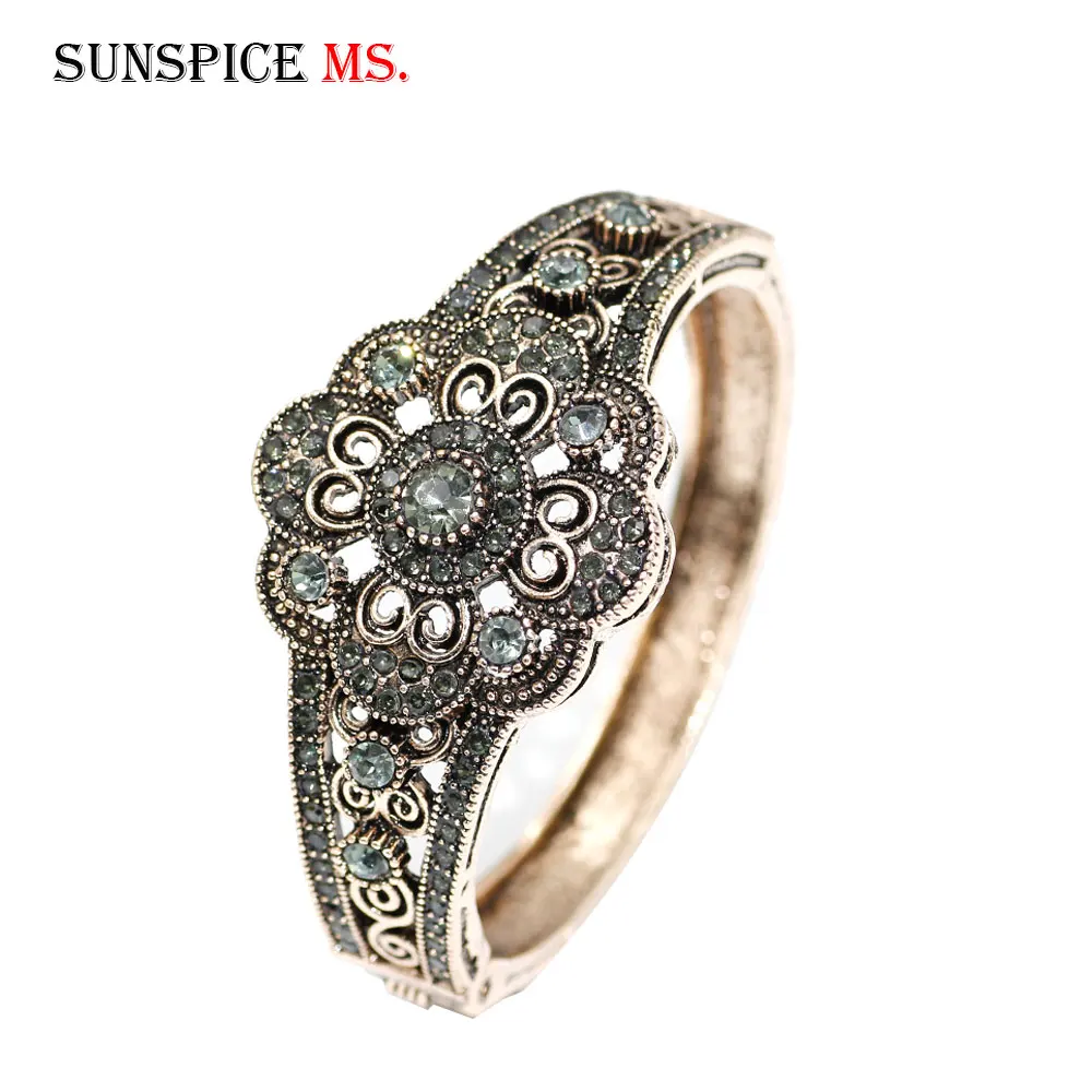 Sunspicems Vintage Gray Rhinestone Turkish Bangle Flower Cuff Bracelet For Women Antique Gold Color Arabic Bride Wedding Jewelry