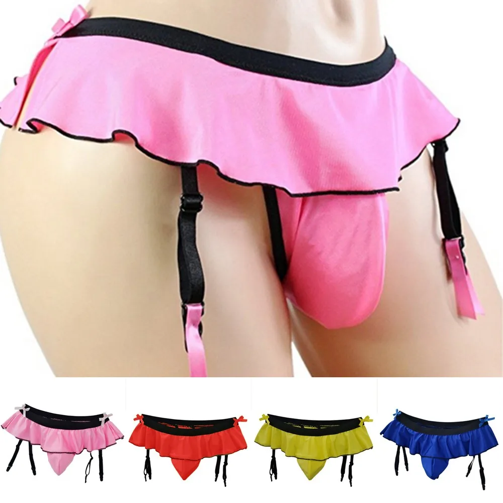 Thongs Skirt Men Sexy Fashion Ruffled Decor Briefs Thongs 4 straps Suspender Sock Clip Underwear Sissy Panties Gay Underpants