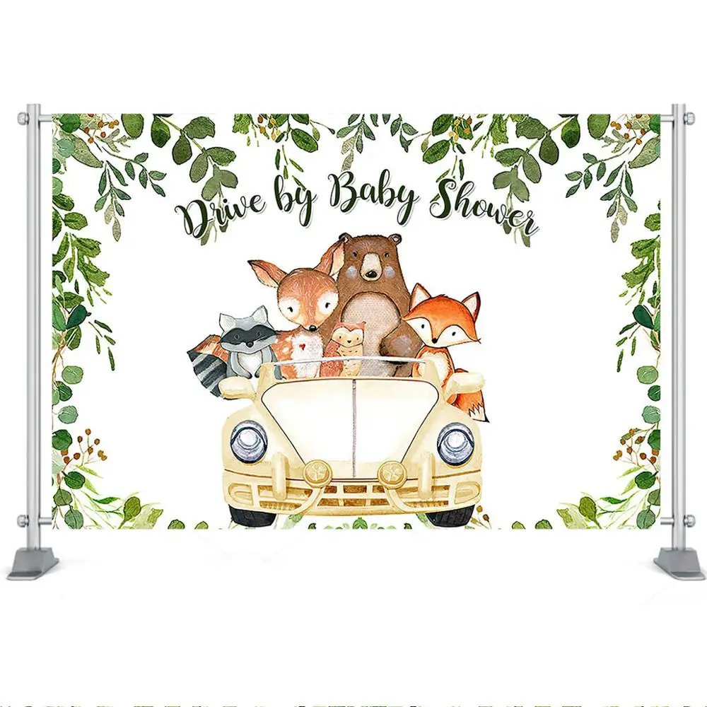 우드랜드 베이비 샤워 배경 드라이브 베이비 샤워 사진 배경 우드랜드 사파리 동물 베이비 샤워 파티 장식 배너