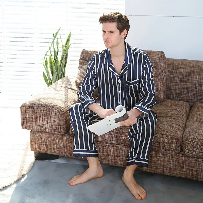 Navy-Blue Striped Nightgown Men Pajama Set Nightwear Sleepwear Home Suit 2PCS Pyjamas Male пижама для мужчин