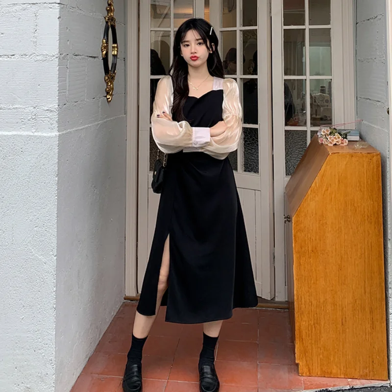 

New Fashion Women Elegant Square Collar Gentle French Long Dresses Female Vintage Patchwork Sweet Puff Sleeve Dress