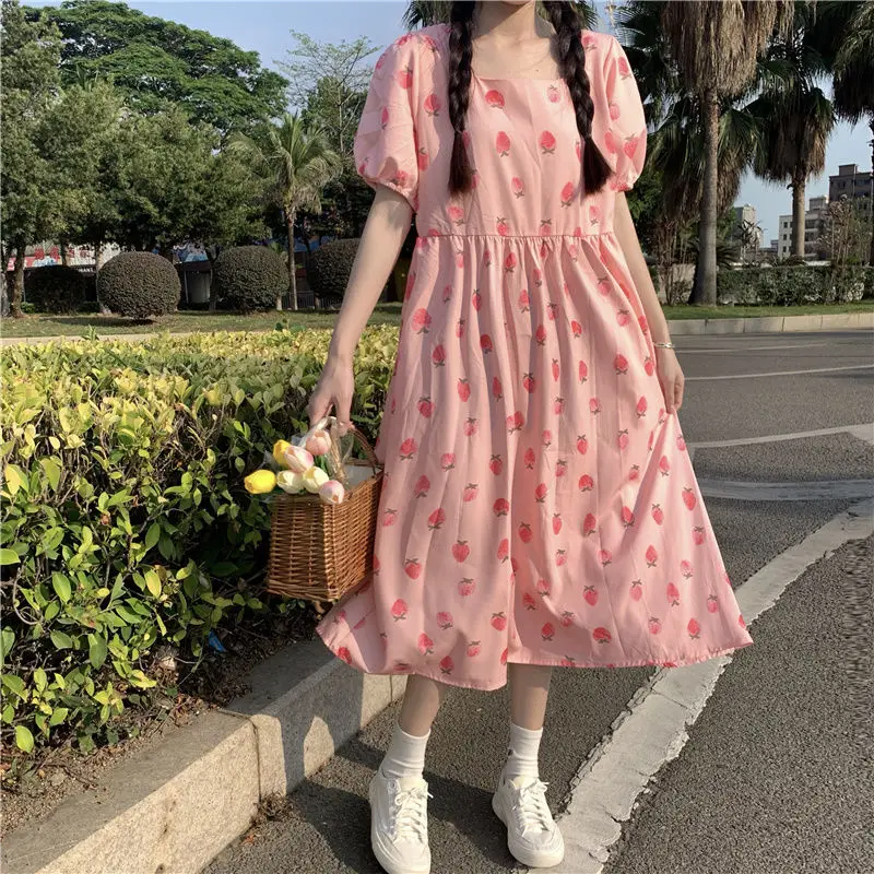 Pink Sweet Strawberry Dress Women Summer Japan Style Kawaii Fairy Long Dresses Ladies Y2k Casual Princess Korean One-piece Dress