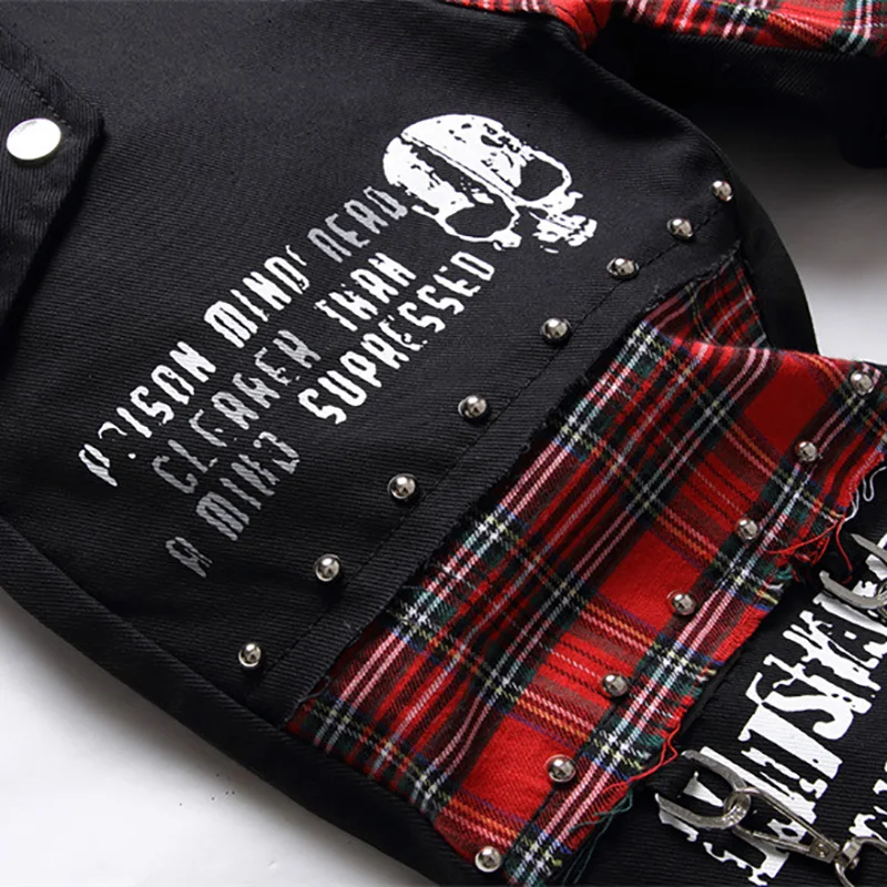 Men\'s Scotland Red Plaid Tartan Patchwork Jeans Punk Rivet Patch Black Denim Pants Skull Letters Printed Slim Straight Trousers