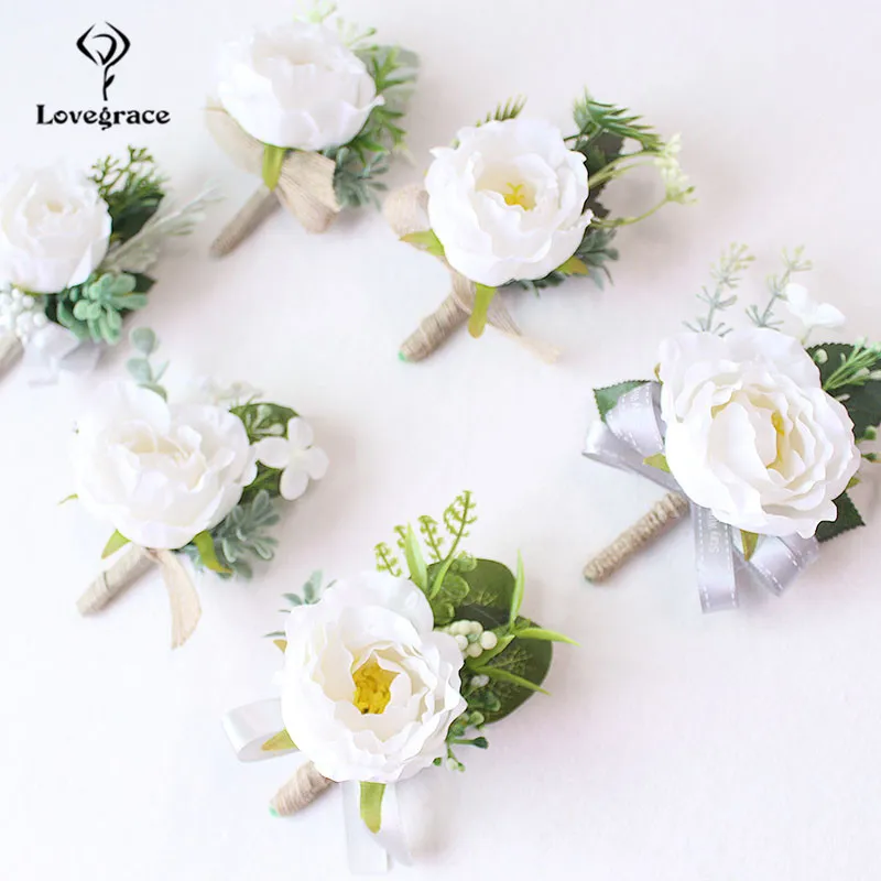 Lovegrace Lo Sposo Boutonniere Rose di Seta Bianco Spille k Boutonniere di Cerimonia Nuziale Corpetto Spille la Testimonianza di Bouquet di Fiori Da Sposa Accessori Uomo