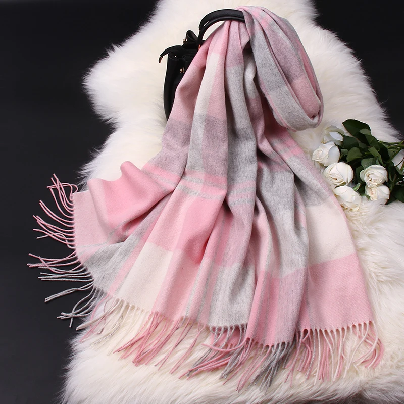 100% Pure Wool Scarf Women Luxury Shawls Wraps Checked Pashmina Foulard Femme Winter Warm Plaid Cashmere Scarves Femme Echarpe