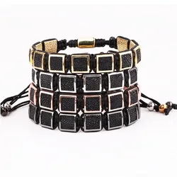 High Quality Fish Skin Leather Square Charm Braided Friendship Macrame Adjustable Bracelet Men