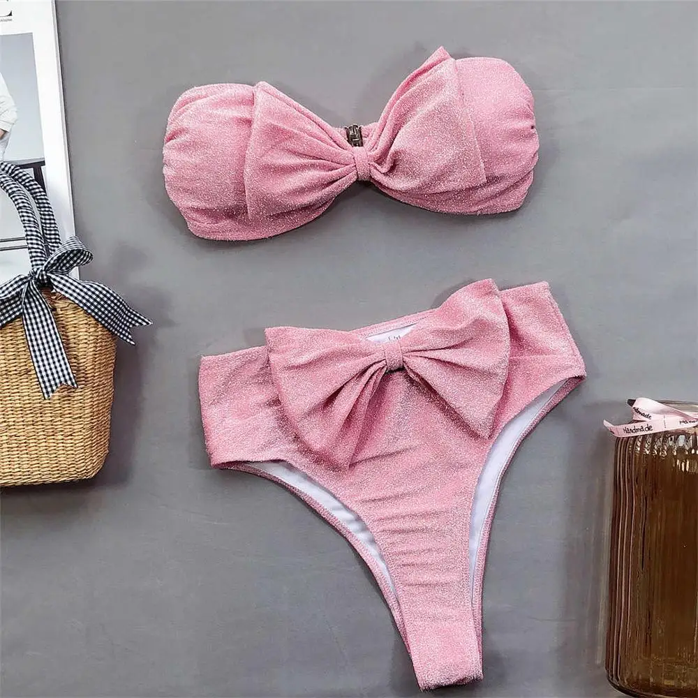 2024 Bow Bandeau High Waist Bikini Female Swimsuit Women Swimwear Two-piece Bikini set Strapless Bather Bathing Suit Swim Lady