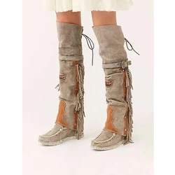 Suede Over The Knee Flat Boots Winter Sewing Thread Tassel Runway Shoes Round Toe Lace Up Belted Boots Warm Genuine Leather