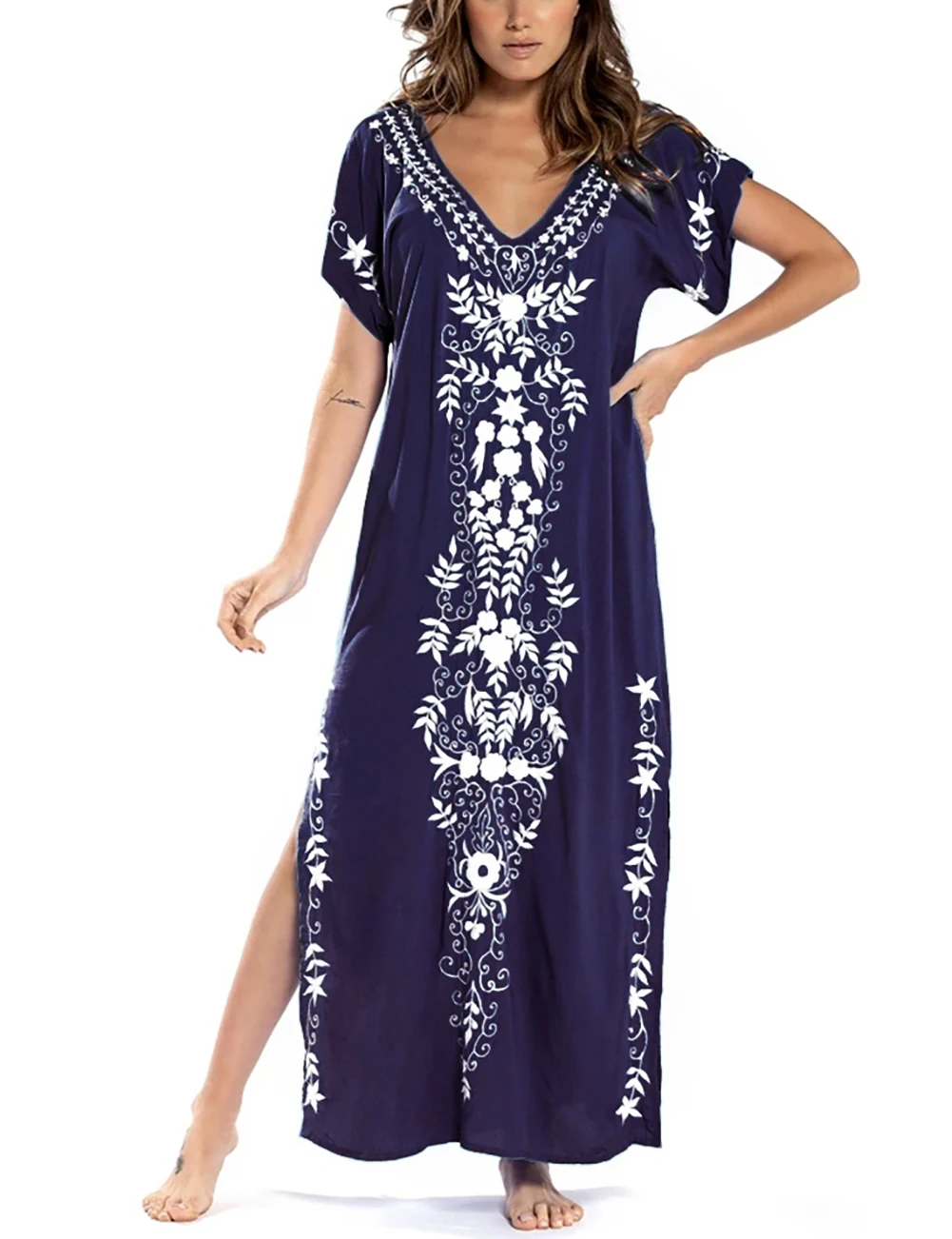 Bsubseach V-hals Korte Mouwen Strand Lange Jurk Badpak Cover Up Voor Vrouwen Badmode Turkse Kaftan Caftan Badpak Coverup