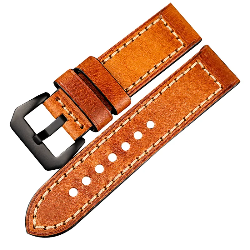 Orange Yellow Leather Bracelet 20 22 24 26MM H-Head Retro Calfskin Watchband Thickened Adapter for PAM Men's Strap