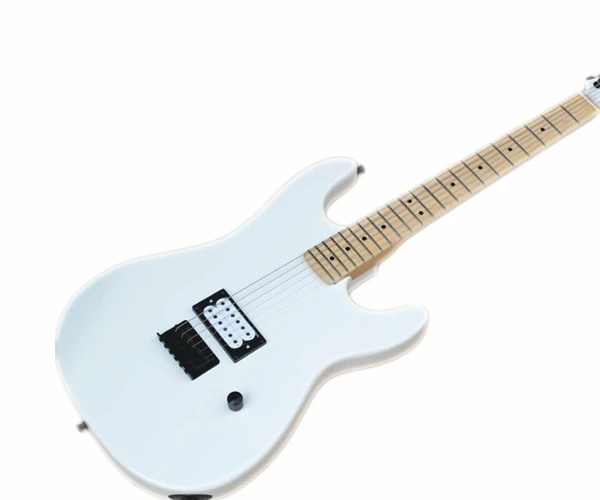 

White electric guitar,H pickups,fixed bridge, strings through body,black buttons,white guitar