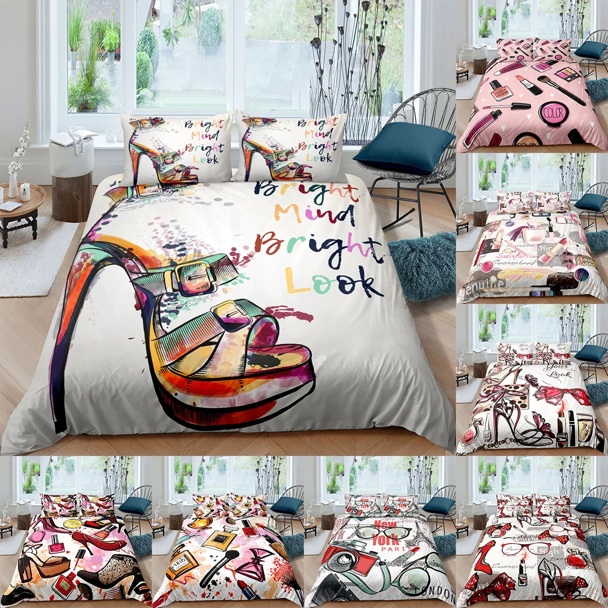 Makeup Lipstick Luxury Bedding Set Cosmetic Pink Duvet Cover Girls Women Bed Set Home Textiles Bedclothes